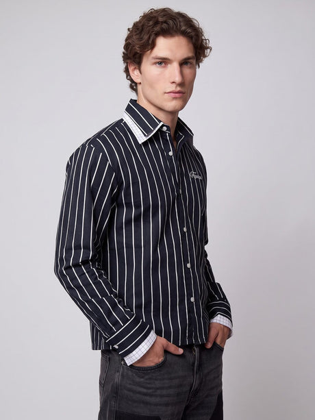 Navy Blue Striped Double Collared Cropped Shirt Shirts Fugazee 