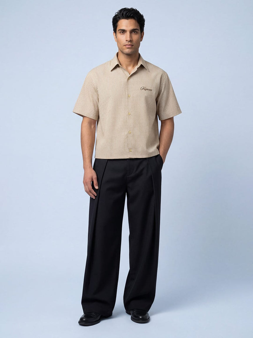 Sand Gingham Cropped Short Sleeve Shirt Shirts Fugazee 