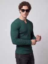 Bottle Green Notch Neck Ribbed Longsleeve Tshirt T-Shirts Fugazee 