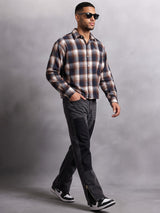 Brown & Navy Checkered Flannel Cropped Shirt Shirts Fugazee 