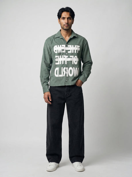 Pine Green Graphic Corduroy Cropped Shirt Shirts Fugazee 