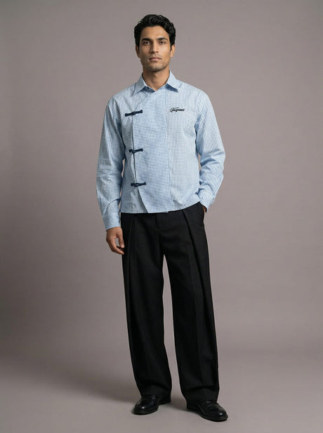 Marine Blue Striped Chinese Frog Buttoned Cropped Shirt Shirts Fugazee 