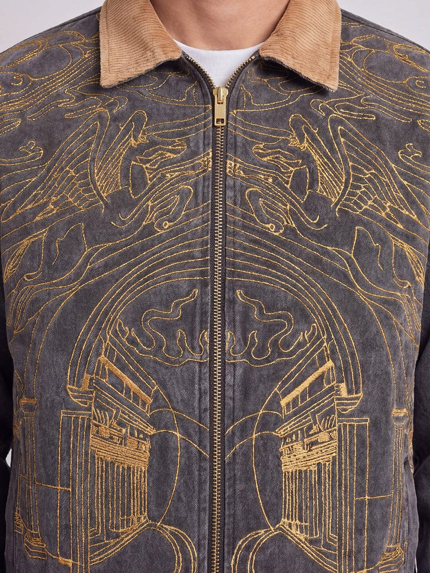 Grey Denim Embroidered Harrington Jacket Jackets Fugazee 