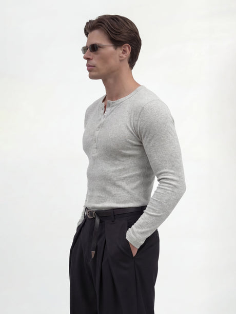 Light Grey Ribbed Henley Longsleeves Tshirt T-Shirts Fugazee 