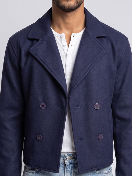 Navy Woollen Cropped Trench Blazer Blazer Fugazee 
