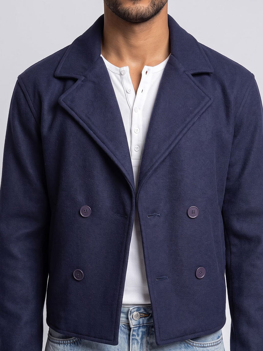 Navy Woollen Cropped Trench Blazer Blazer Fugazee 