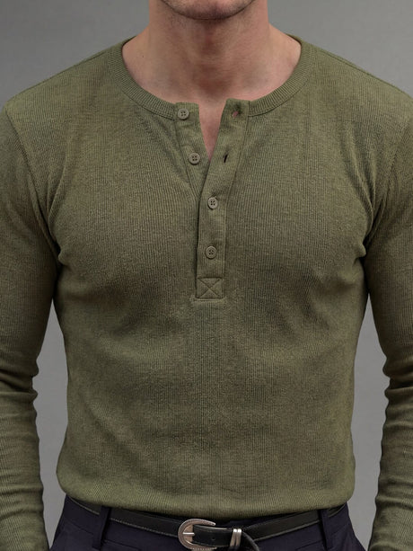 Olive Ribbed Henley Longsleeves Tshirt T-Shirts Fugazee 