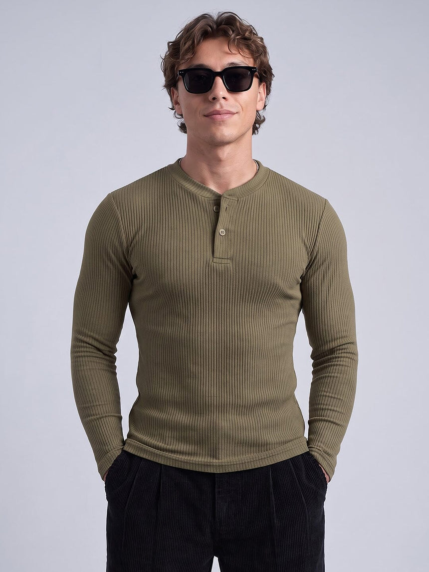 Olive Parker Ribbed Henley Tshirt T-Shirts Fugazee 
