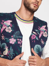 Navy Floral Print Sleeveless Puffer Jacket Jackets Fugazee 