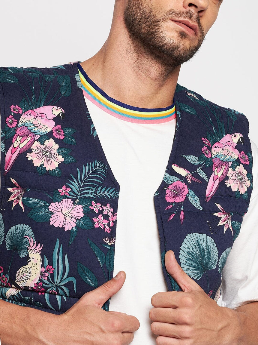 Navy Floral Print Sleeveless Puffer Jacket Jackets Fugazee 