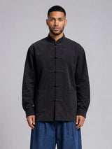Black Mandarin Frog Buttoned Longline Shirt Shirts Fugazee 