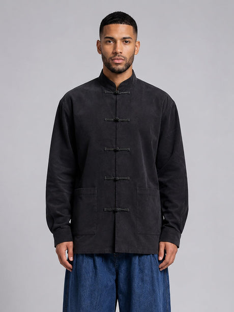 Black Mandarin Frog Buttoned Longline Shirt Shirts Fugazee 