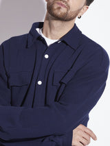 Navy Pleated OverShirt And Pants Combo Set