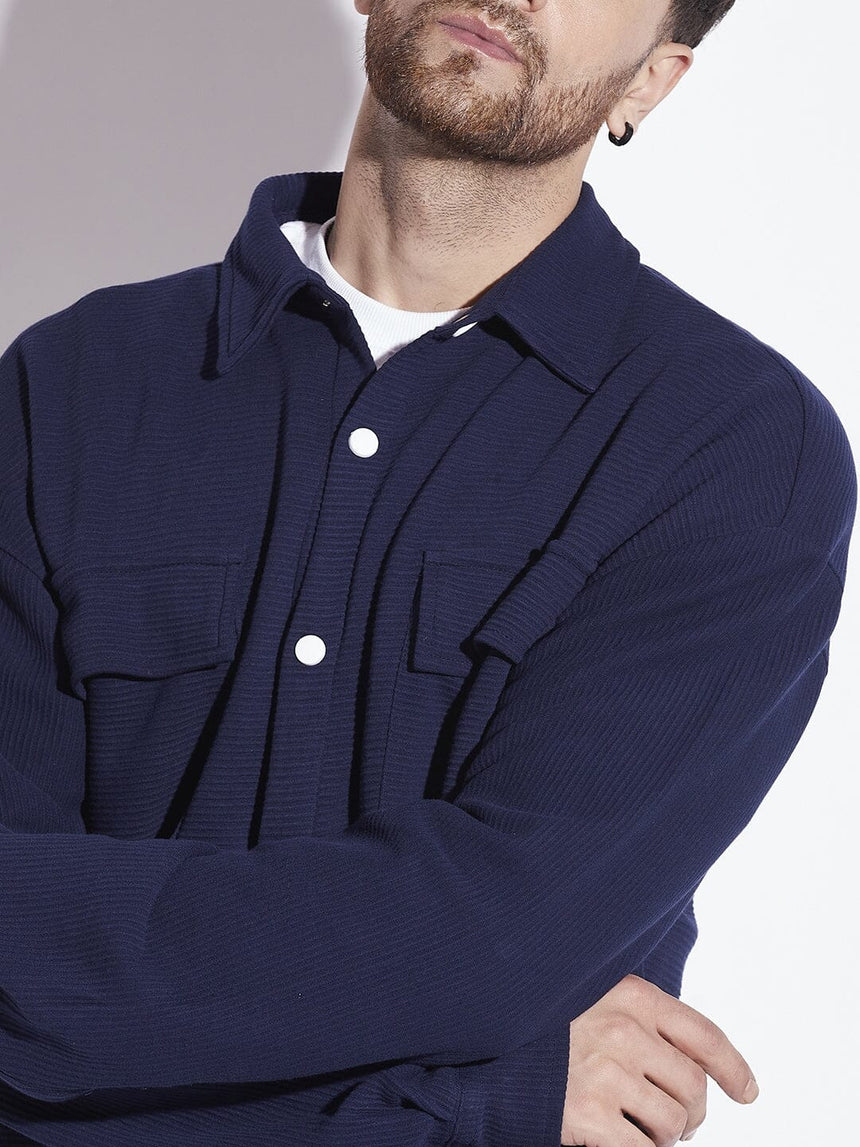 Navy Pleated OverShirt And Pants Combo Set