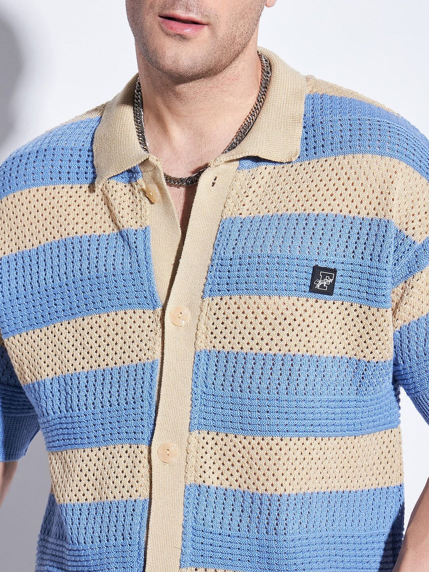 Blue & Beige Striped Crochet Shirt Shirts Fugazee 