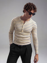 Beige And Navy Striped Ribbed Henley Longsleeves Tshirt T-Shirts Fugazee 
