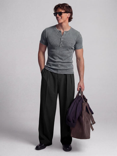 Acid Washed Ribbed Henley Short Sleeves Tshirt T-Shirts Fugazee 