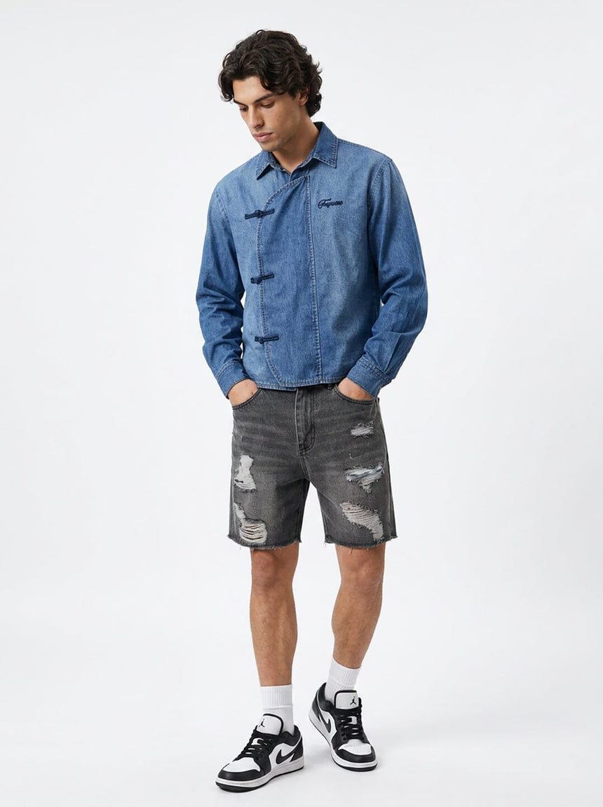 Denim Chinese Frog Buttoned Cropped Denim Shirt Shirts Fugazee 