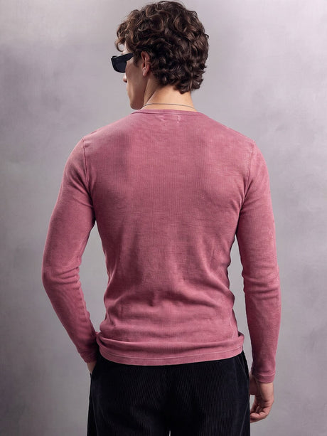 Crimson Acid Washed Ribbed Longsleeve Henley Tshirt T-Shirts Fugazee 