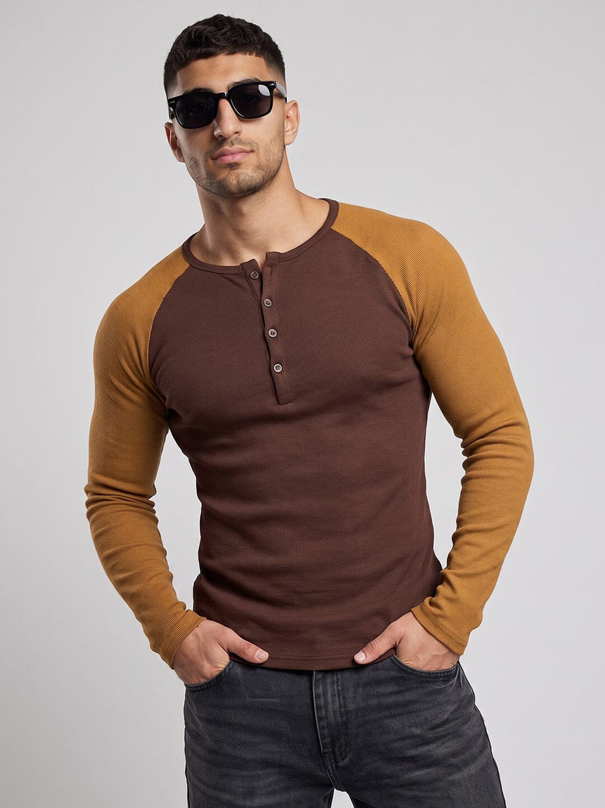 Brown & Tan Raglan Ribbed Henley Tshirt T-Shirts Fugazee 