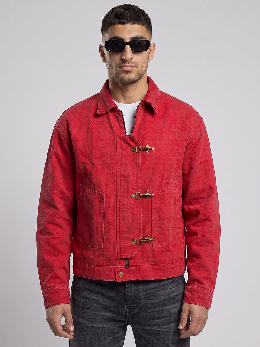 Red Washed Denim Fireman Clasp Jacket Jackets Fugazee 
