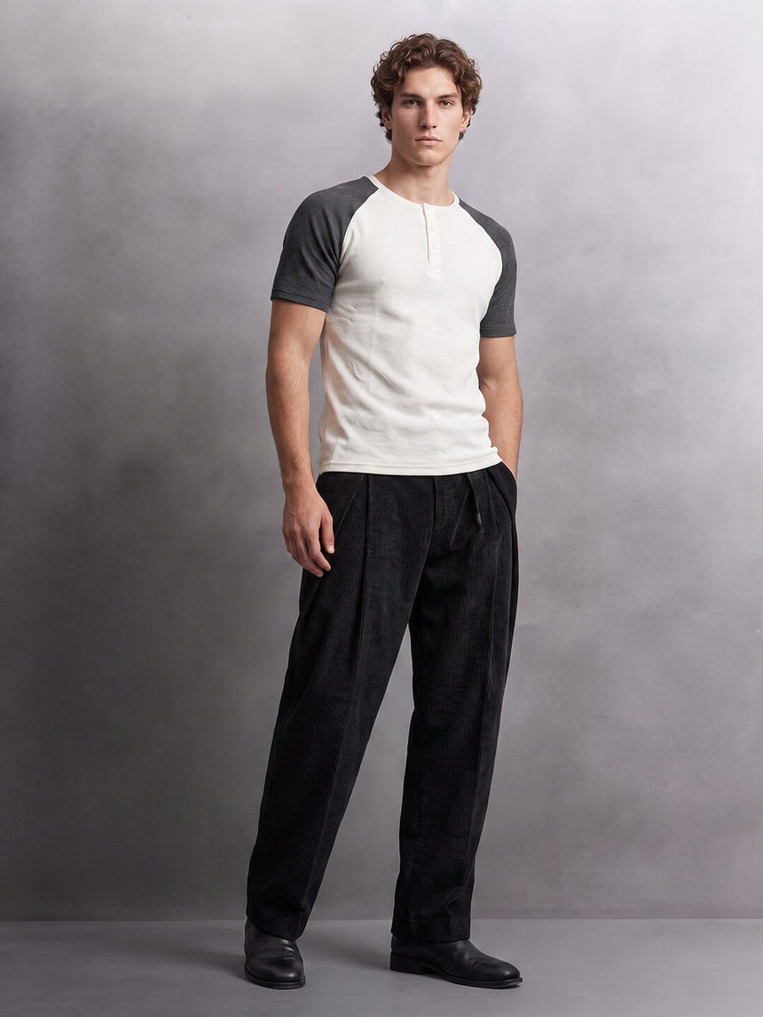 Ecru and Charcoal Raglan Ribbed Henley Tshirt T-Shirts Fugazee 