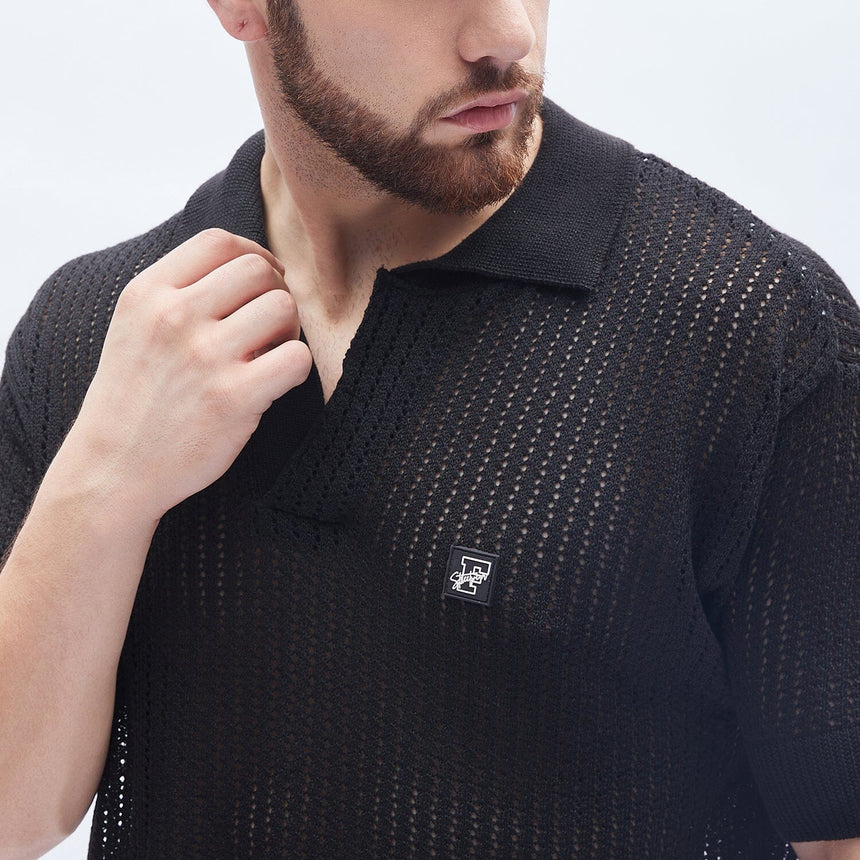 Black Textured Knit Polo Tshirt