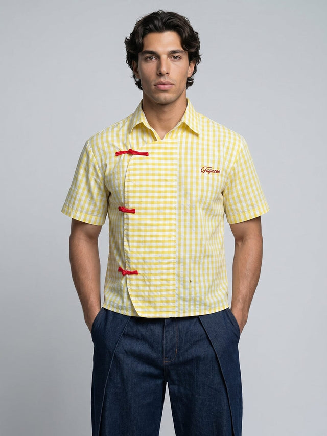 Yellow Checkered Seersucker Cropped Shirt Shirts Fugazee 