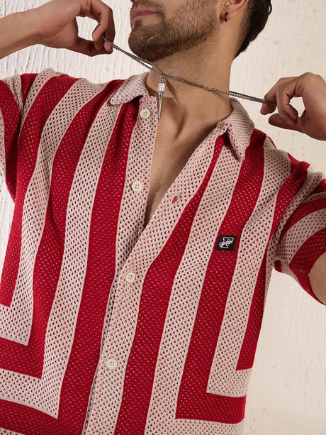 Red Striped Crochet Knitted Shirt Shirts Fugazee 