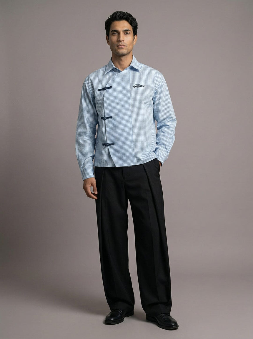Sky Checkered Chinese Knot Buttoned Cropped Shirt Shirts Fugazee 