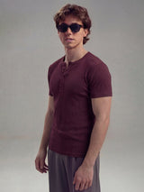 Maroon Ribbed Henley Short Sleeves Tshirt T-Shirts Fugazee 