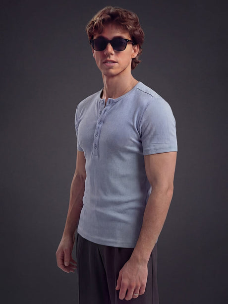 Sky Blue Ribbed Henley Short Sleeve Tshirt T-Shirts Fugazee 