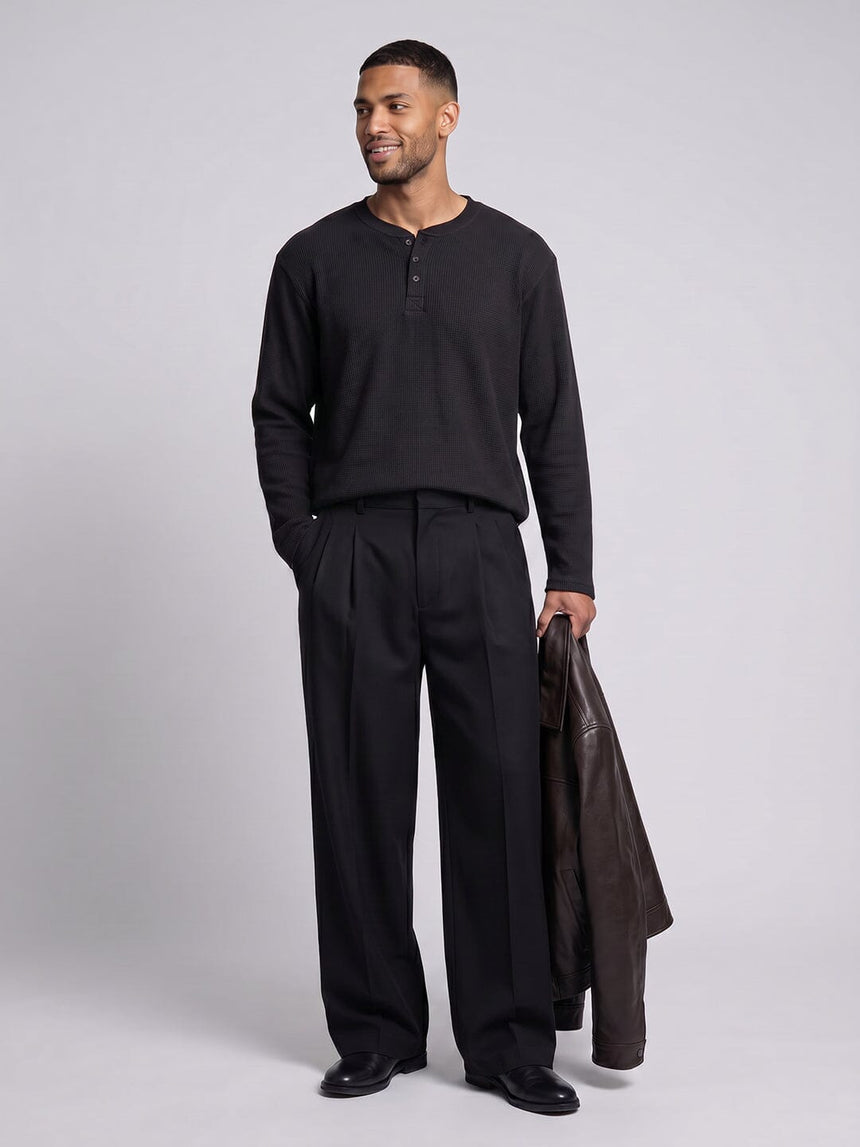 Black Waffle Relaxed Henley Tshirt T-Shirts Fugazee 