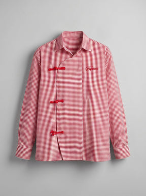 Red Checkered Chinese Frog Buttoned Cropped Shirt Shirts Fugazee 