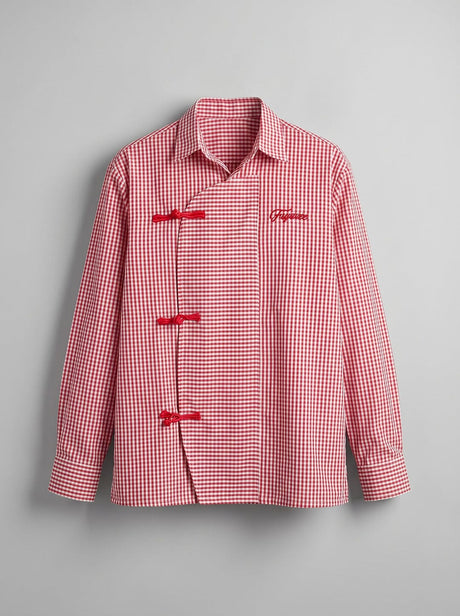 Red Checkered Chinese Frog Buttoned Cropped Shirt Shirts Fugazee 