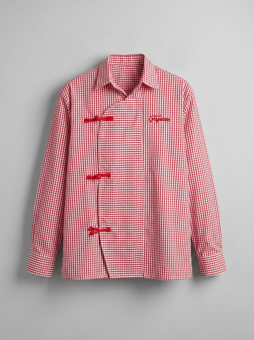 Red Checkered Chinese Frog Buttoned Cropped Shirt Shirts Fugazee 