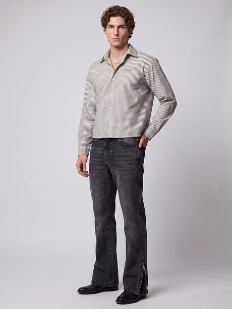 Brown Striped Seersucker Cropped Shirt Shirts Fugazee 