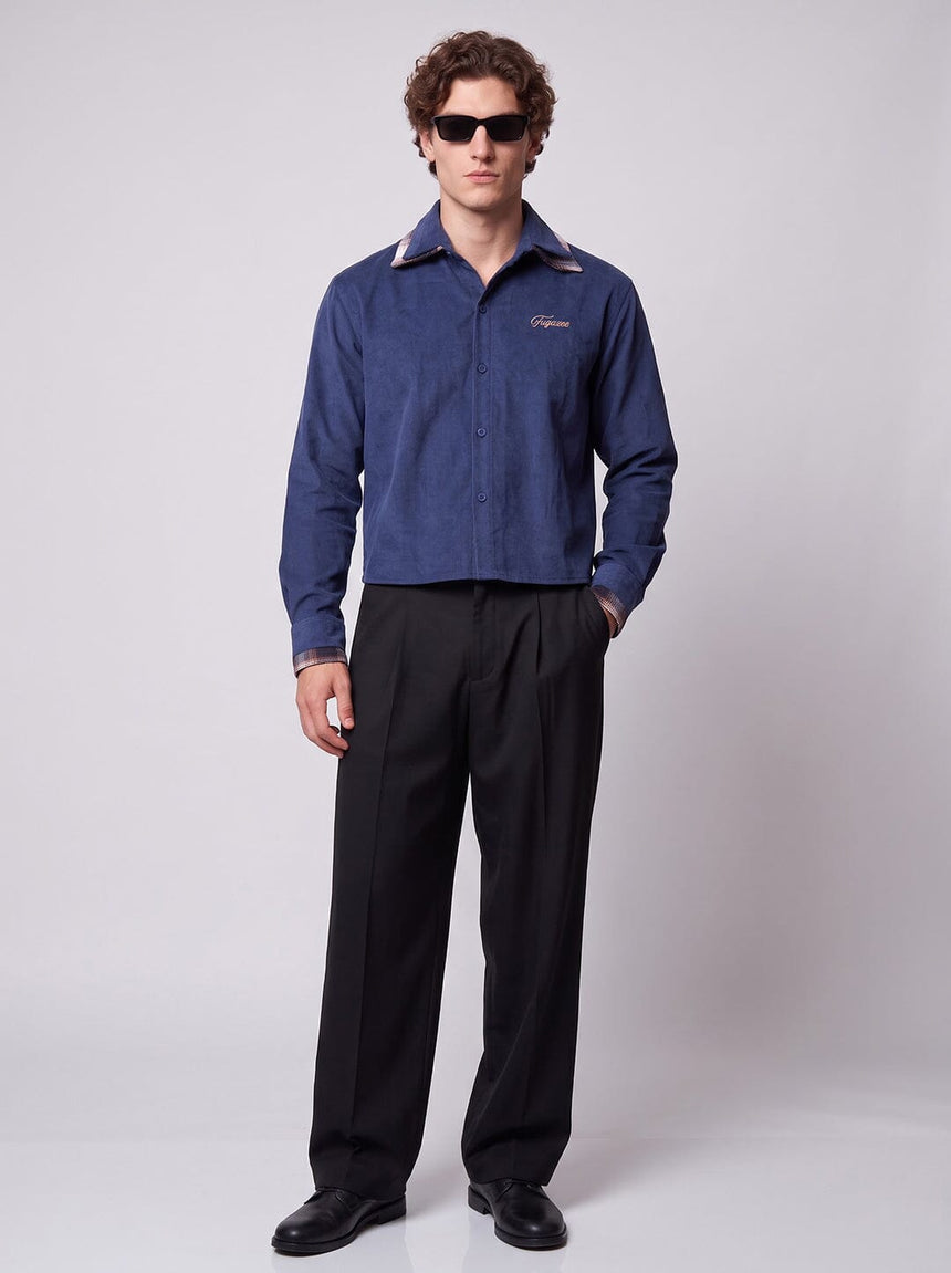 Nautical Blue Corduroy Double Collared Cropped Shirt Shirts Fugazee 