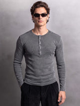 Black Acid Washed Ribbed Longsleeve Henley Tshirt T-Shirts Fugazee 