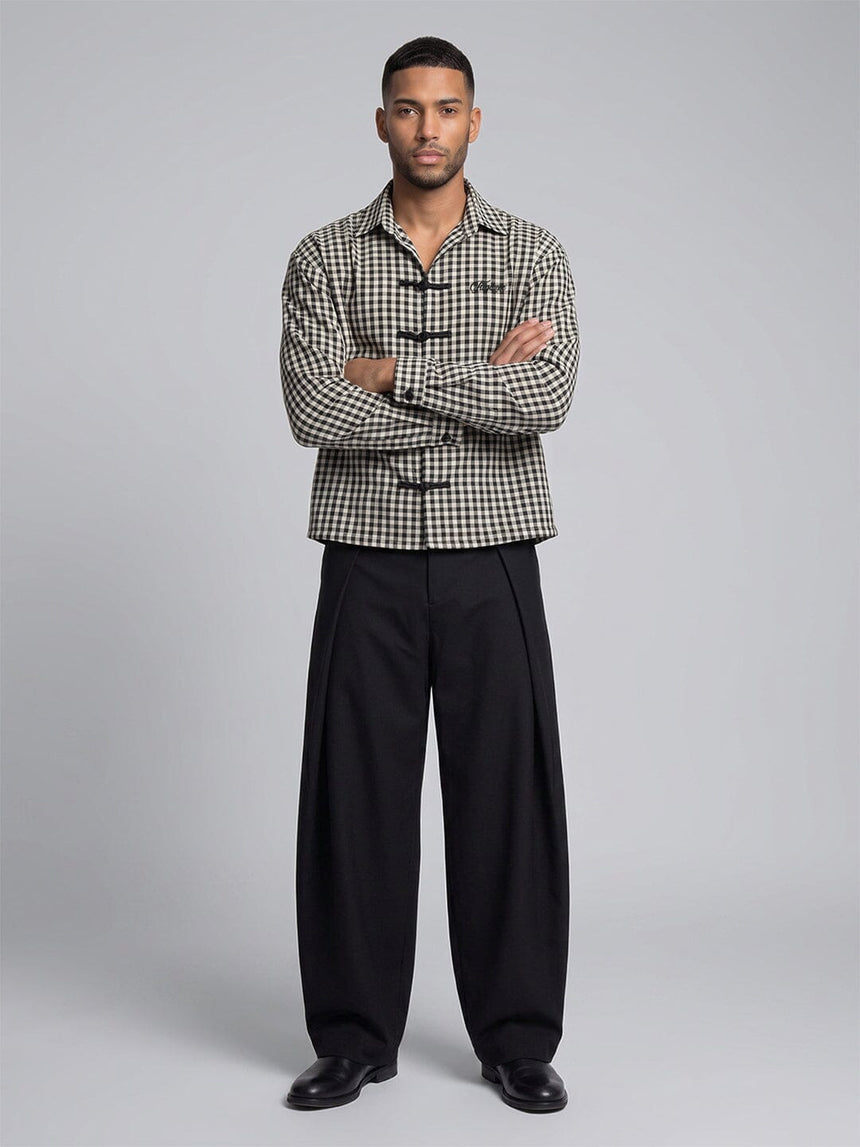 Black Checkered Frog Knot Buttoned Cropped Shirt Shirts Fugazee 