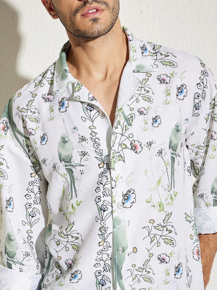 White Parrot Print Cuban Shirt Shirts Fugazee 