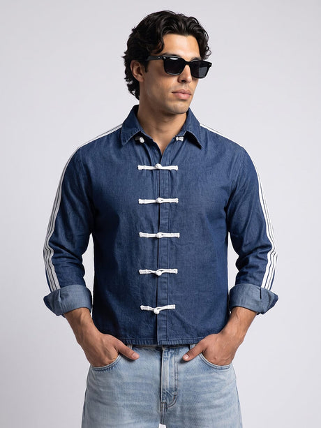 Dark Wash Taped Frog Buttoned Cropped Shirt Shirts Fugazee 