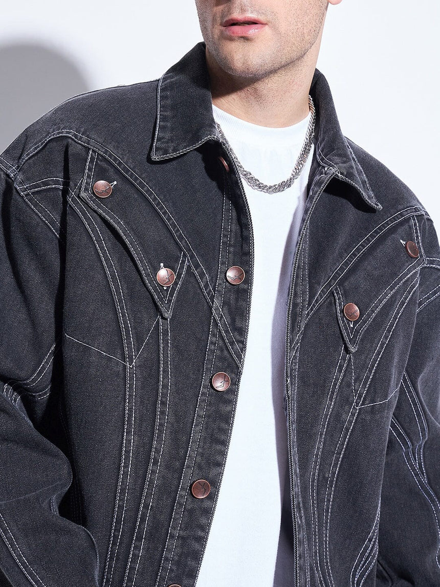 Black Wavy Panel Denim Jacket Jackets Fugazee 