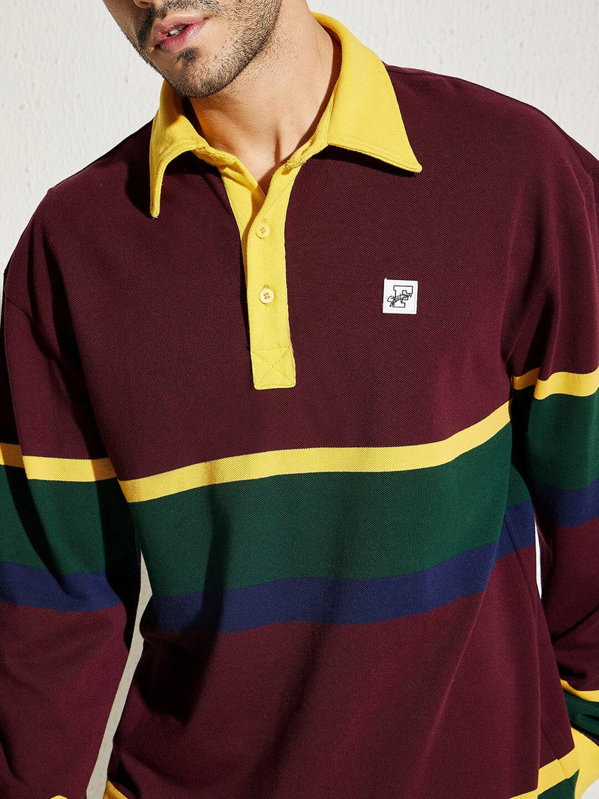 Wine Striped Oversized Longsleeve Polo Tee T-shirts Fugazee 