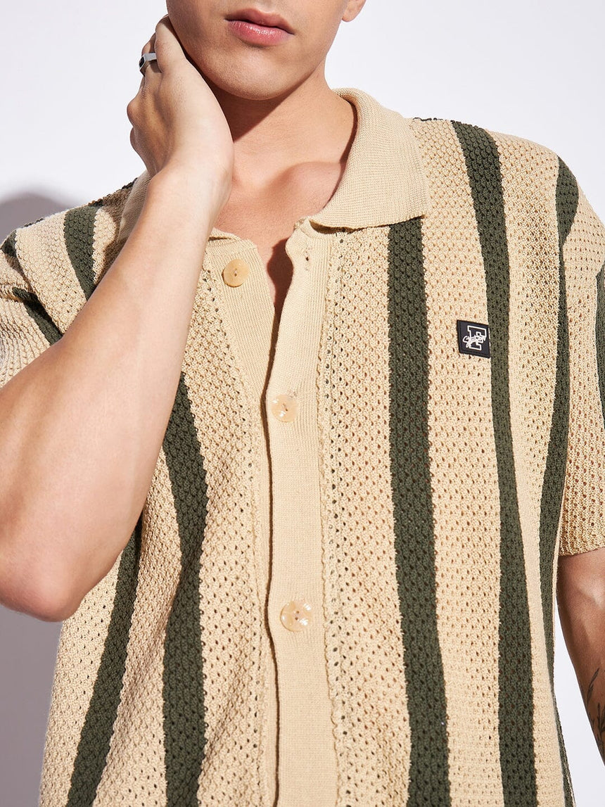 Camel Stripes Crotchet Knitted Shirt