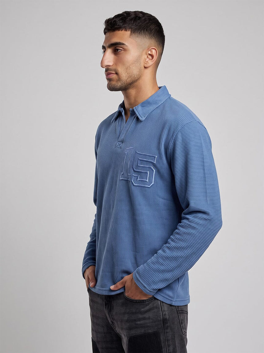 Blue Washed Textured Applique Longsleeve Polo Tshirt T-Shirts Fugazee 