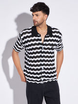 Black & White Wavy Striped Knitted Shirt Shirts Fugazee 