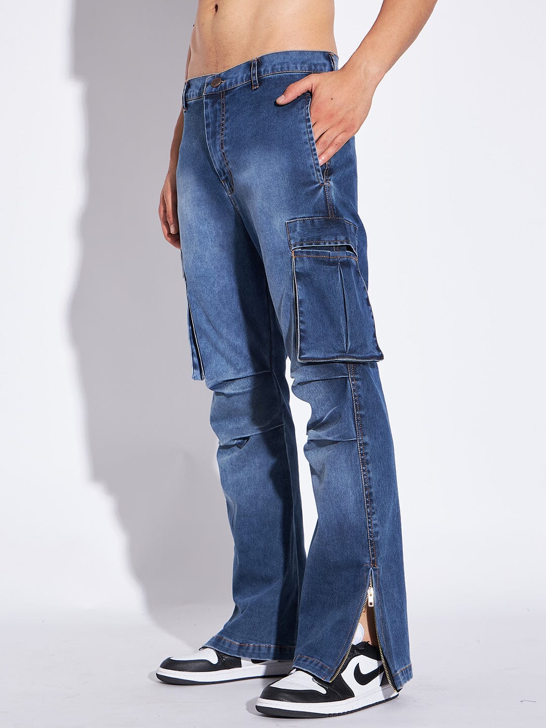 Set of Jeans cargo Denim pants technical fashion illustration with low  waist, rise, pockets, belt loops, full lengths. Flat bottom apparel front  back, grey color style. Women, men, unisex CAD mockup Stock