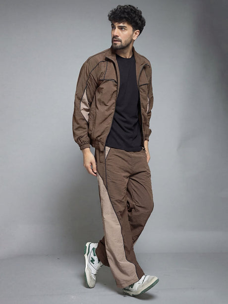 Brown And Beige Cut And Sew Tracksuit Tracksuits Fugazee 