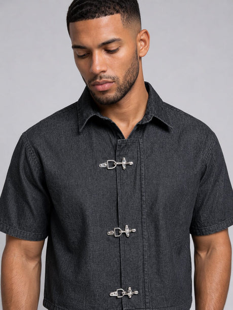 Black Fireman Clasp Boxy Denim Shirt Shirts Fugazee 